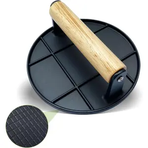 Burger Press – Smasher for Griddle with Wood Handle, Heavy Duty Flat Iron for Grill, Steak & Bacon – Round, for Camping & Home