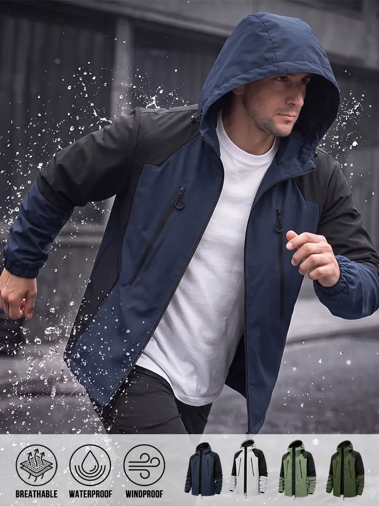 Men Light‑Duty Weather‑Resistant Hooded Jacket, Windproof Waterproof Breathable Outer Shell, Secure Zipper Chest Pockets, Color‑Contrast Splicing Look, Versatile Outerwear For Outdoor Sports Travel Urban Commute And Day‑to‑Day Rain Defense