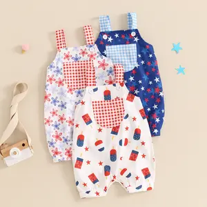 Imcute Toddler Infant Baby Girl Boy 4th of July Overall Shorts Jumpsuit Sleeveless Stars Popsicle Print Summer Independence Day Clothes 0-18 Months