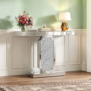 Silver Mirrored Console Table with Crushed Diamond Inlay, 39.4'' Long Entryway Sofa Table, Retangle Shaped Base Modern Accent Narrow Table for Living Room, Hallway, Foyer, Entrance