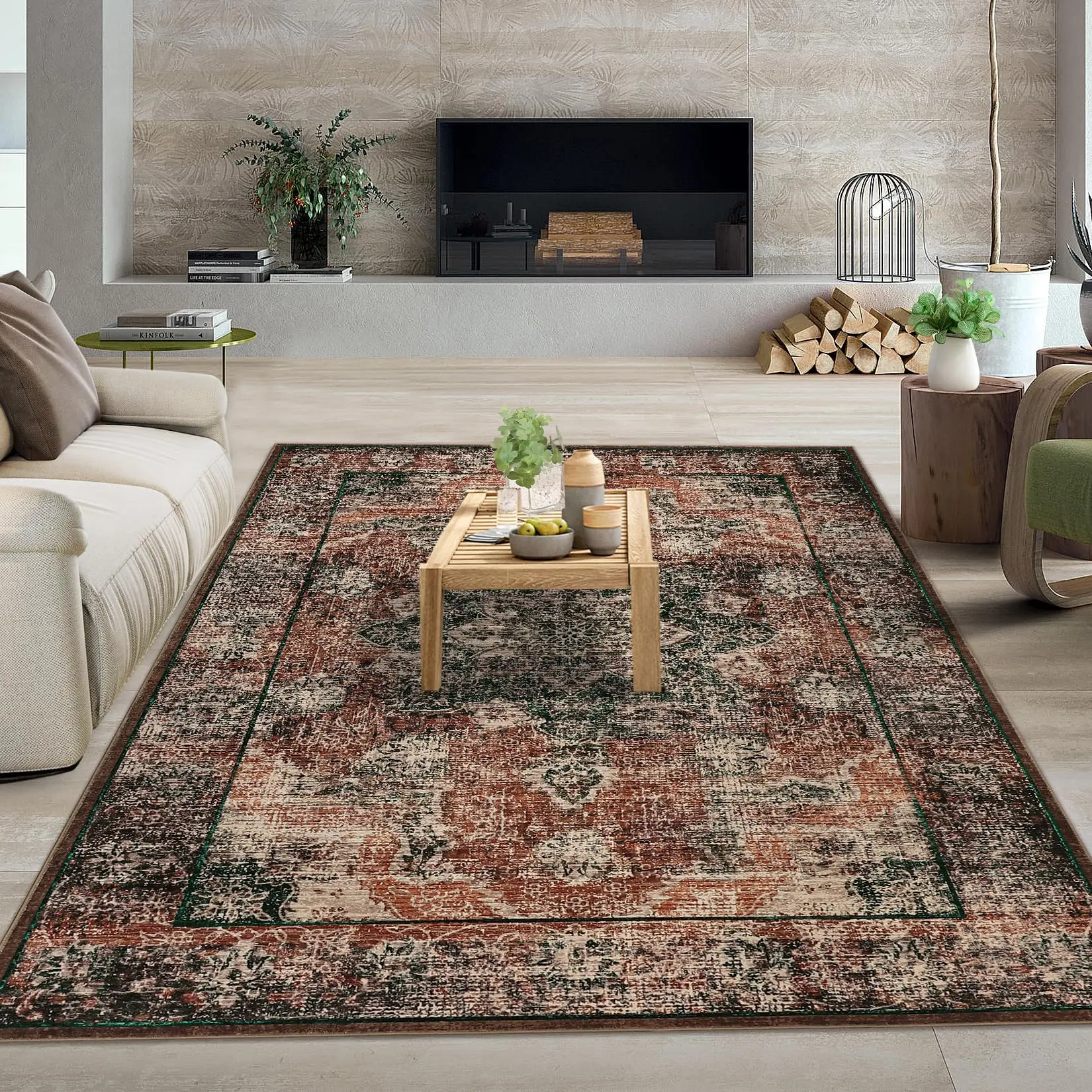 GARVEE 9x12 Ultra-Thin Vintage Medallion Area Rug for Living Room, Non Slip Boho Large Living Room Rug, Vintage Oriental Indoor Floor Carpet for Bedroom, Dining Room, Office, Dorm, Brick Red