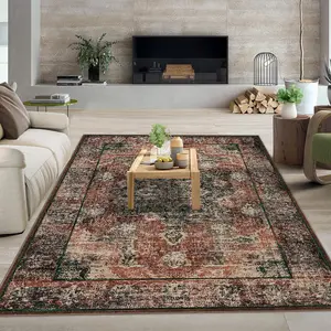 GARVEE 8x10 Ultra-Thin Vintage Area Rug Large Boho Non-Slip Oriental Print Rug for Bedroom, Indoor Floor Carpet for Living Room, Under Table, Office, Brick Red