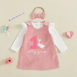 Baby Girl 1st Birthday Outfit One Silly Goose Overall Dress Romper Corduroy Skirt Set Headband 3Pcs Fall Clothes
