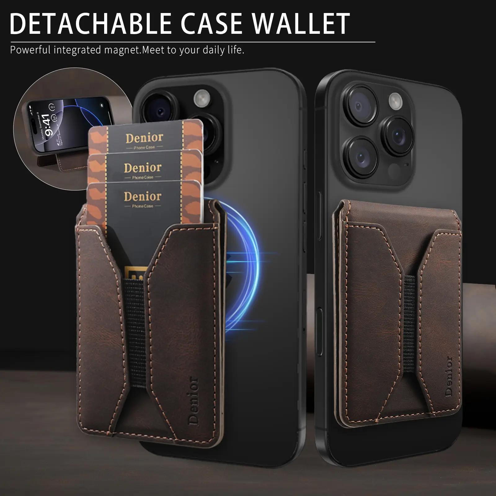 Denior Brown Magnetic Wallet, for iPhone 16/ 15/ 14/ 13/ 12 Series, Strong Magnetic Phone Card Holder Fit 4 Cards