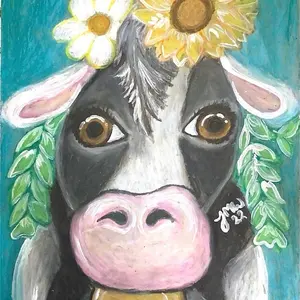 Cow with flowers drawing in oil pastels