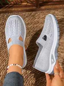 Spring Summer New Elastic Breathable Flyknit Slip-On Women's Shoes, Soft Sole Lightweight Hollow Out Casual Mom Shoes, Comfortable Walking Shoes