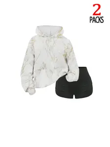 Women's Fall Winter Hooded Drawstring Sweatshirt Set, Casual Loose-Fit Thick Fabric, Fashionable Colorblock Print Design, 2 Piece