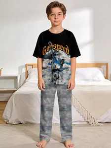 Statue of Liberty Trendy Painted 2-Piece Boys' Digital Printed Short-Sleeve Pajamas with Extended Sleep Pants, Stylish, Trendy, Casual, Comfortable and Soft Pajama Set, Suitable for Boys' Sleep and Home Leisure, Perfect Gift for Boys