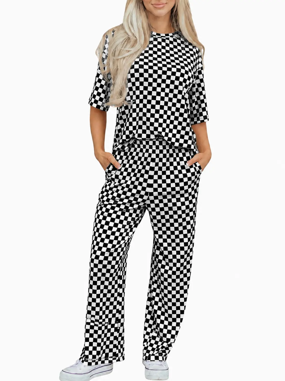 Women's 2-Piece Black Checkered Lounge Set - Half-Sleeve Tee, Soft Stretch Relaxed Long Pants