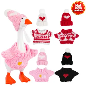 4PCS Desk Goose Outfits Mini Desk Goose Valentines Day Holiday Clothes Knitted Sweater with Knitting Hats Desktop Geese Accessories for Magnetic Goose Key Holder Small Animal Statue Decor