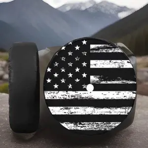 Black and White American Flag Spare Tire Cover with Backup Camera Hole — Leather