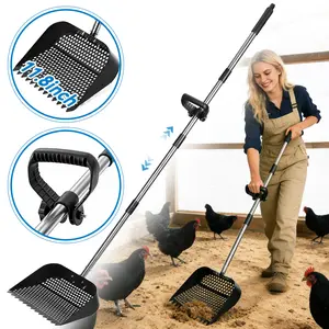 PETCOZIFE Chicken Poop Scooper & Rake, 2-in-1 Metal Chicken Coop Accessori with 39" to 63" Adjustable Stainless Steel Handle, Cleaning Tools for Chicken Coops & Farm Animals Scoop