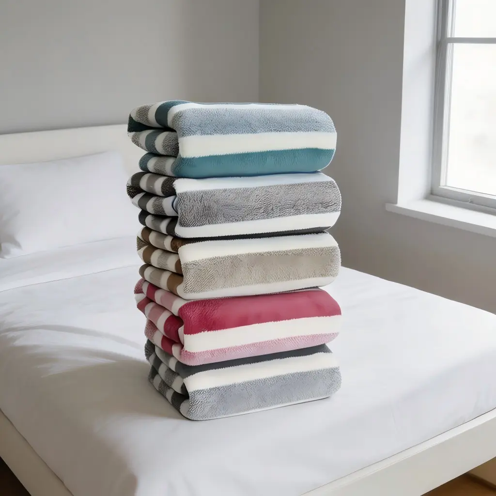 Striped Coral Fleece Bath Towels 5-Pack, Large 70x140cm, 5 Assorted Colors, Ultra Plush & Absorbent, Fast Drying, No Lint No Fade, Multi-Use Towels for Bathroom, Beach, Gym & Travel