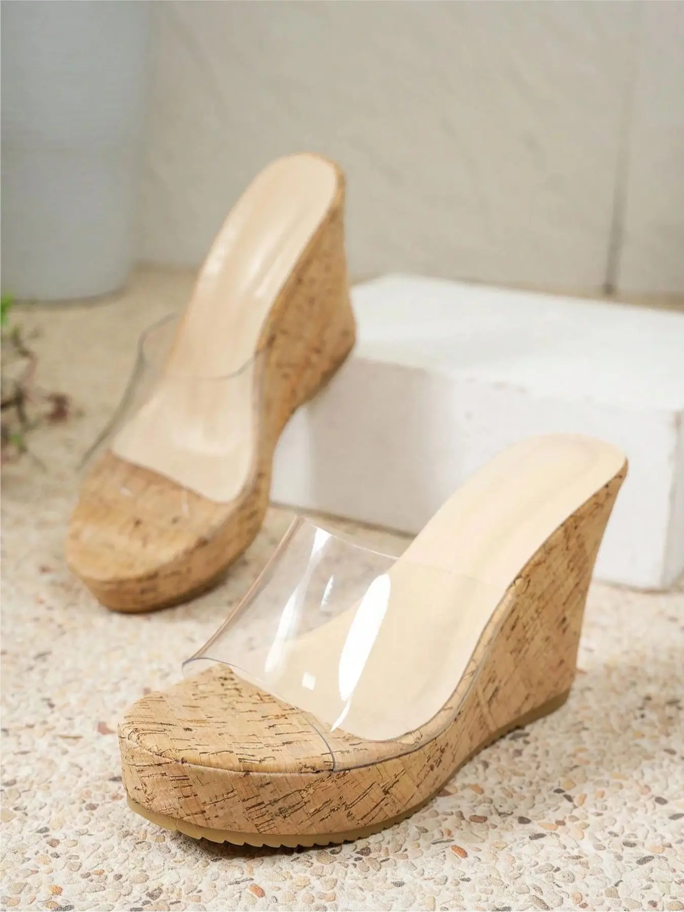 Women's Fashionable Cork Wedge Sandals, Casual Comfortable Transparent High Heel Sandals for Summer, Female All-match Wedge Sandals for Daily Wear