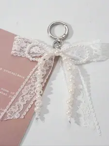 Lace Bowknot and Faux Pearl Keychain Wallet Charm, 1 Piece Set, Y2K Bead Pendant for Bags, Shoes, and Bowknot Decorations, Trendy Cute Keychain