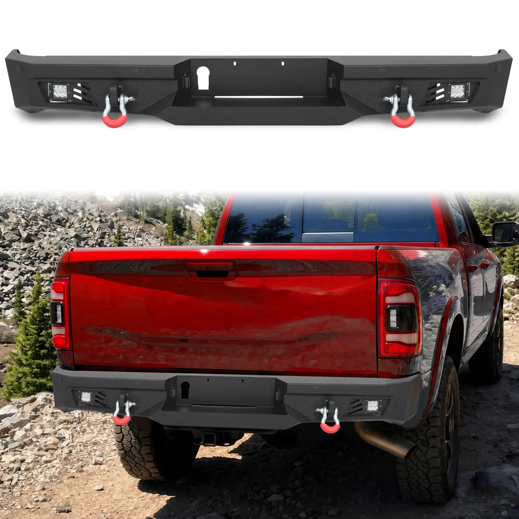 MONOKING Rear Bumper for 2010-2018 Ram 2500/3500, 11-Gauge Steel Truck Bumper with Dual 18W LED Pods, D-Rings, Sensor Holes, Step Plates and Textured Black Finish