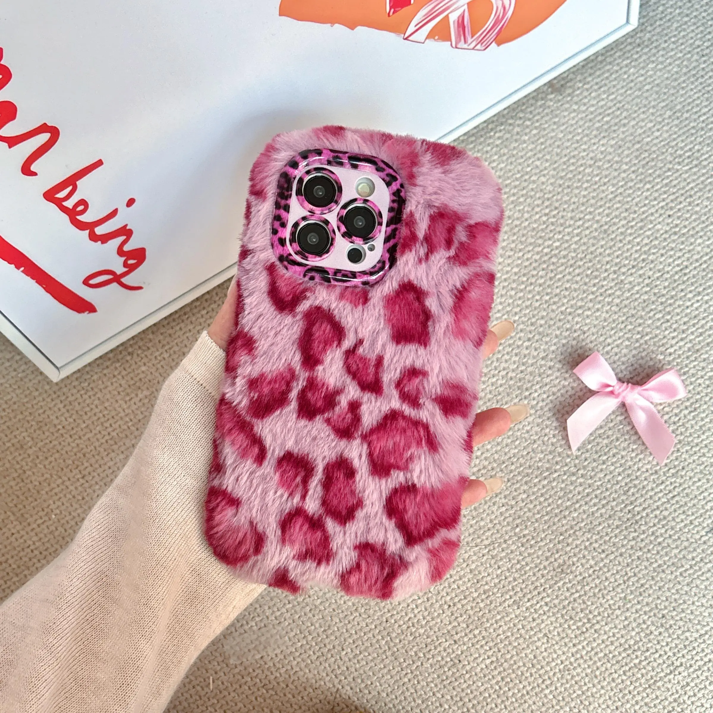Leopard Print Plush Phone Case with Stand for Apple iPhone 17/16 Pro Max, Anti-Drop Shockproof Protective Cover, Decorative Phone Protector, Luxury Fur Design, Fits iPhone 15/14 Plus/13/12/11/air, Smartphone Cellphone Casing Accessories