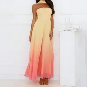 Women Long Dress Gradient Halter Neck Backless Dress Summer Fashion Sleeveless Casual Dress