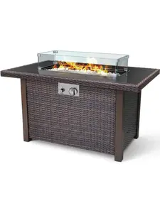 212 MAIN 44in Wicker-Woven Gas Fire Pit Table, Steel Frame, Electronic Spark Ignition, Safety Shut-Off (Model FP-002)