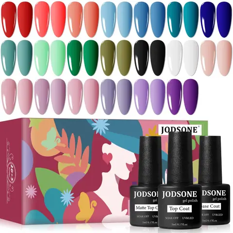 JODSONE 23-Piece Gel Nail Polish Gift Set (20set-01a) - Nail Care Kit with Base Coat, Glossy & Matte Top Coats, Multicolored Longlasting Bottles for Adult Gel X At-Home Manicure, Cure Under Lamp, Easy Gift Option