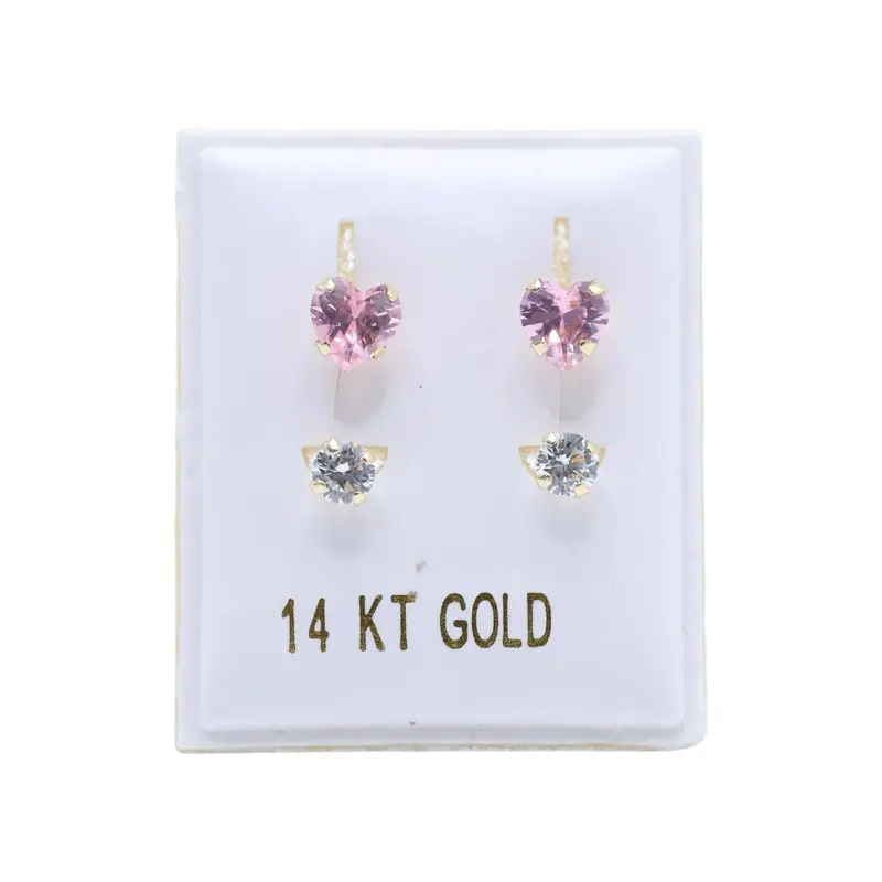 14KT Gold Pink Heart & Round White Telephone Earrings - Cubic Zirconia Earrings