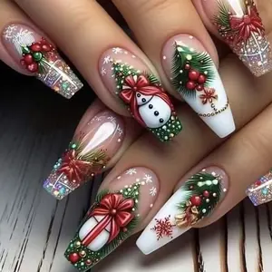 Festive Nail Art Set 24 Pieces Snowman & Christmas Tree Design Winter Pressing Glue Gift for Holiday Nails