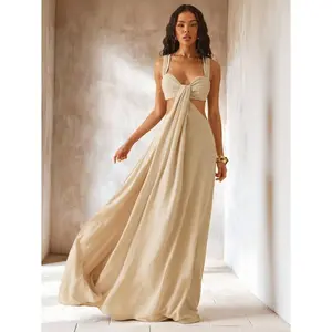 Solid Color Hollow-Out Twist Knot Sleeveless Casual Vacation Dress, Summer line