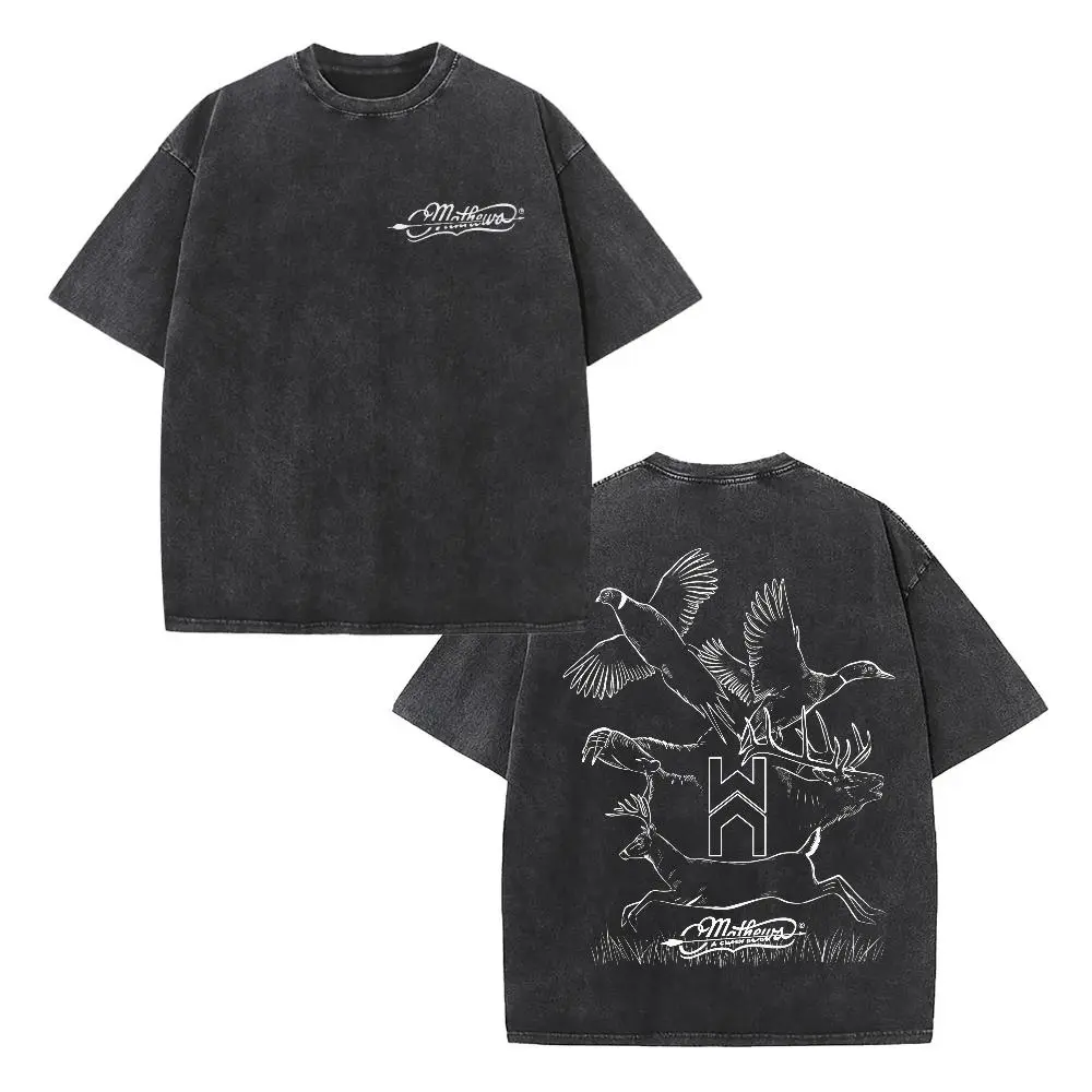Vintage Black Washed Hunting T-Shirt, Front Mathews Script Logo & Back Full Wildlife Print, Oversized Unisex Tee for Hunting & Casual Style