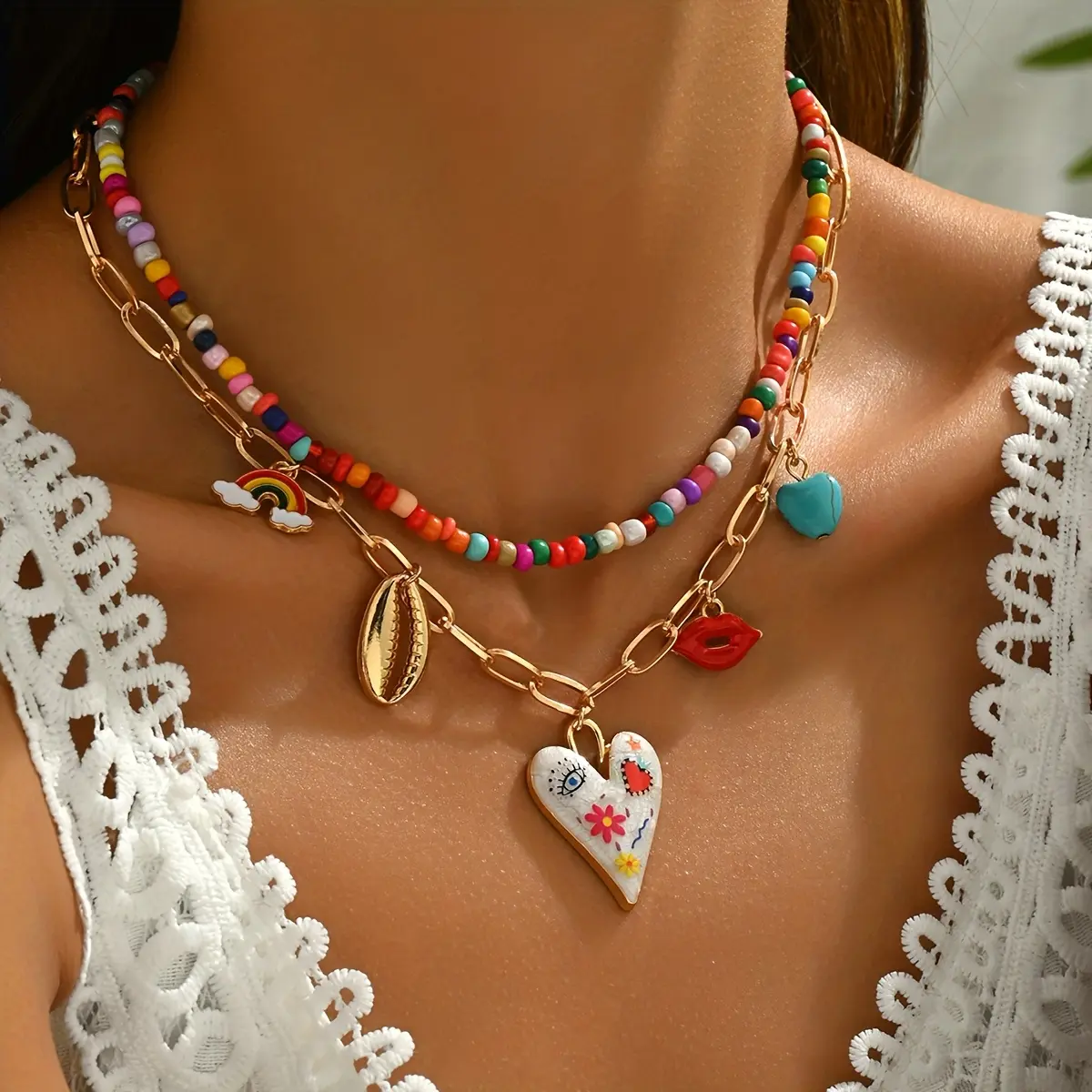 Women's Retro Vibrant Beaded Cervical Necklace - Multi-Pendant Costume Jewelry with Painted Heart, Red Lips, Shells, Rainbow, Synthetic Turquoise for Daily Wear, Parties girl charm