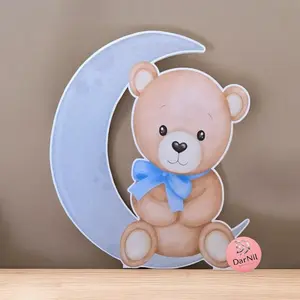 DarNil Baby Bear Cutout Baby Shower Decor Party Prop Centerpieces Backdrop with Blue Bow and Crescent Moon Design