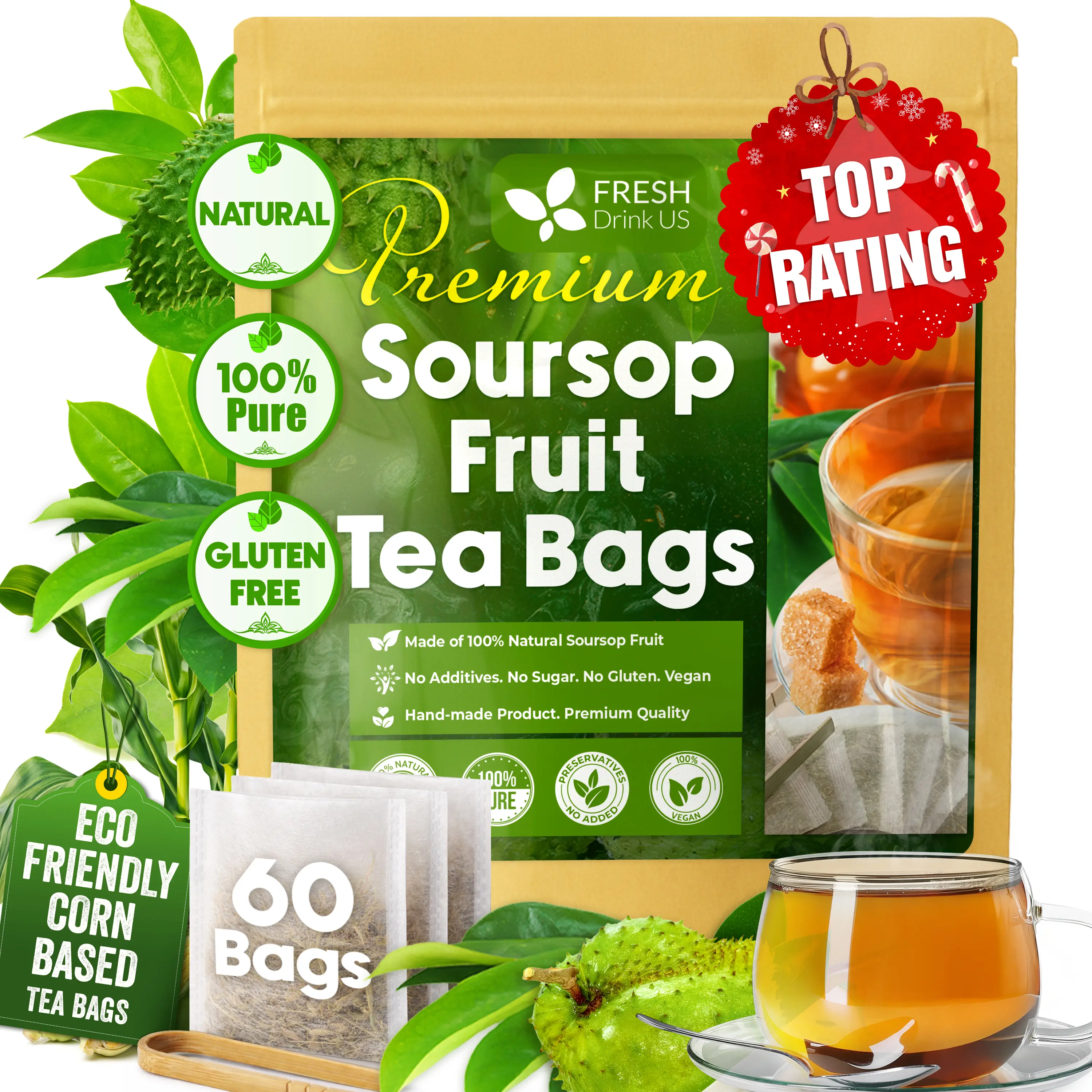【FreshDrinkUS】 Premium Soursop Graviola Fruit Tea Bags, 100% Natural and Pure from Soursop Fruits, Made With Natural Materials-Corn Fiber Tea Bag, Sugar/Caffeine/Gluten Free, Hoja Guanabana Tea Beverage