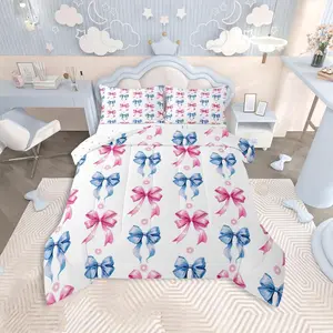 Pink Blue Bowknot Bedding Set Soft for Boys Girls,Coquette Bows Comforter Set Watercolor Bow Duvet Quilt Microfiber Girls Bowknot Bedroom Decor