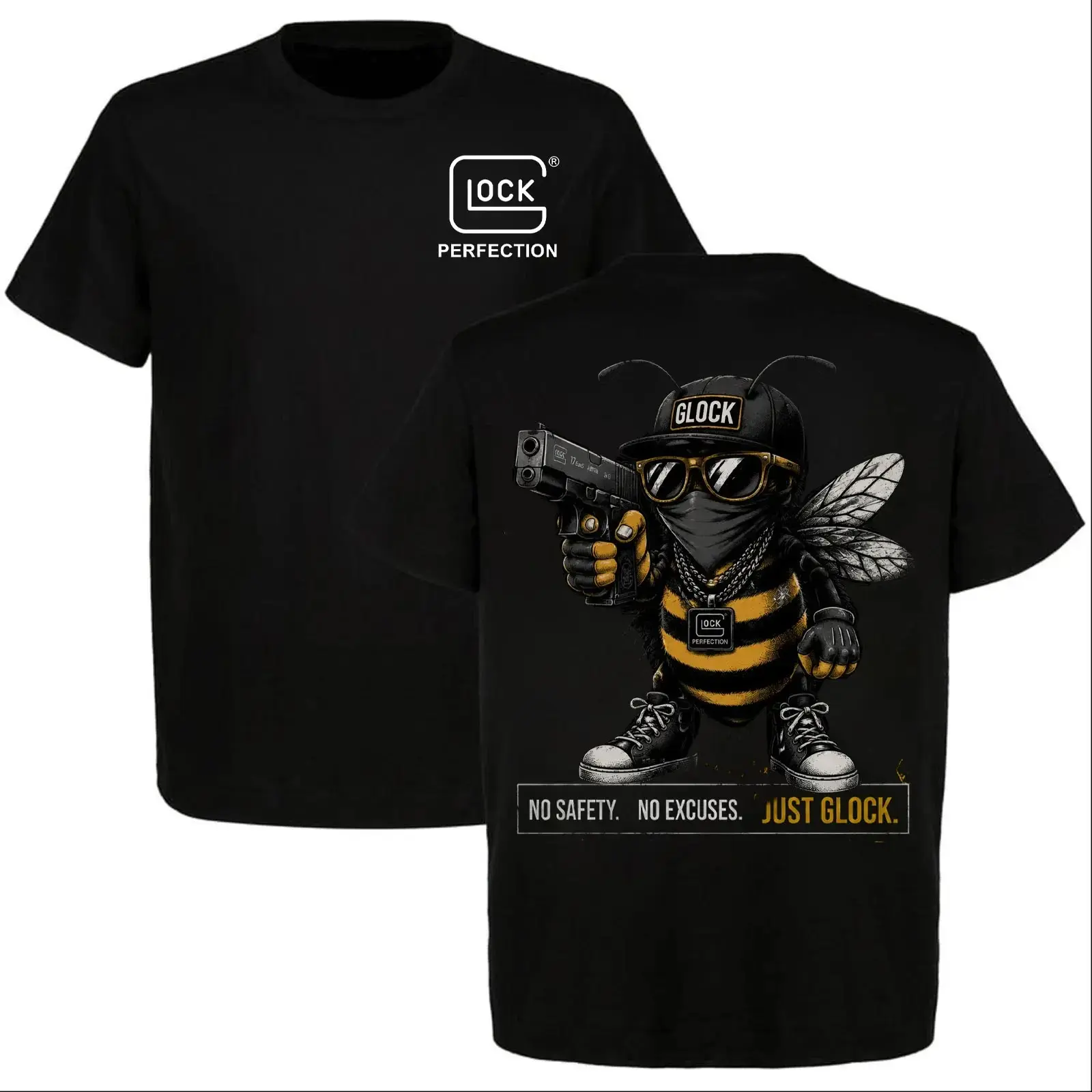 Glock Bee T-Shirt No Safety No Excuses Just Glock Funny Tactical Gangster Bee Graphic Tee Black Men Streetwear Gun Lover Meme Shirt