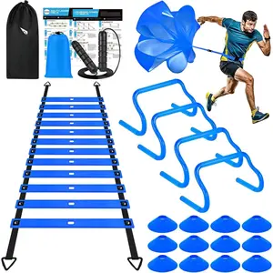 Agility  Equipment, Soccer  Equipment, Agility Speed  Set for  Youth Adult, 20FT Agility Ladder, 4 Hurdles,12 Soccer Cones, Jump Rope, Running Parachute, Drill Charts