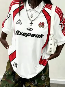 Axepeak Neutral Print Soccer Jersey Top, Y2K Retro Colorblock Polo Shirt, Breathable Fabric, Oversized Streetwear T-Shirt, Casual Wear