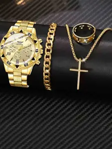 Men's Watch Set 2026 New Design Blue Light Glass Analog Quartz Watch Fashionable Stylish Watch Fashion Classic Alloy Wristwatch Necklace Ring Bracelet Jewelry Collection