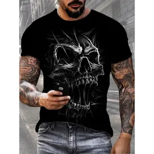 Men's Stylish 3D Skull Graphic Tee Black Round Neck Short Sleeve Shirt Washable in Machine Summer Style Daily Comfort Trendy Casual Wear Flexible Material PLUS SIZE