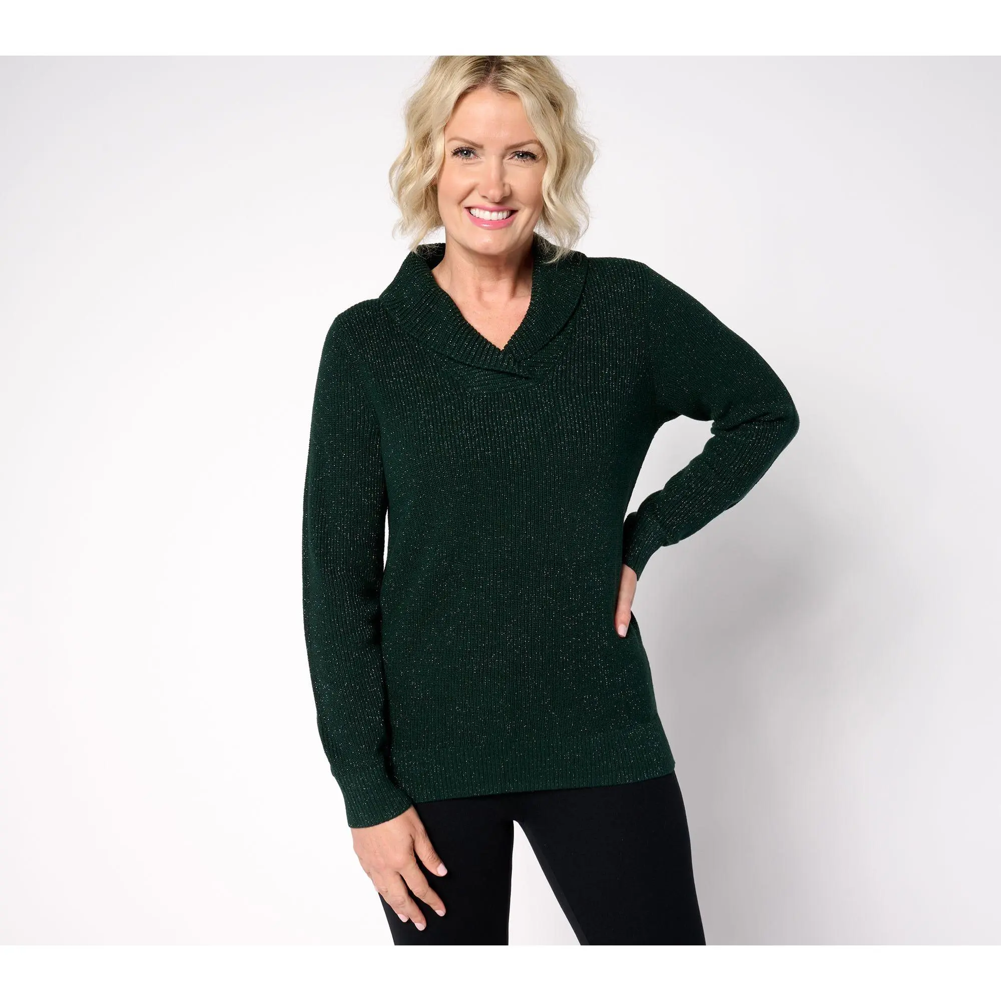 Belle by Kim Gravel Lurex Shaker Knit Shawl Collar Sweater