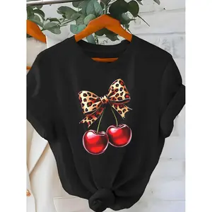 Plus Size Cherry Print T Shirt for Women Featuring Leopard Bow Gathered Hem and Casual Short Sleeves With Round Neck Red Cherry and Animal Print Design Medium Stretch Fabric All Season Comfort