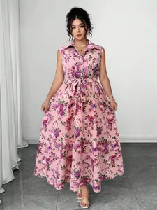 Women's Plus Size Dress, Spring Summer Elegant Design, Minimalist Style, Sexy Daily Date, Blue Floral Waist Cinch A-Line Midi Dress