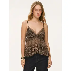 Chiffon Leopard V-neck Lace Trim Cami Top