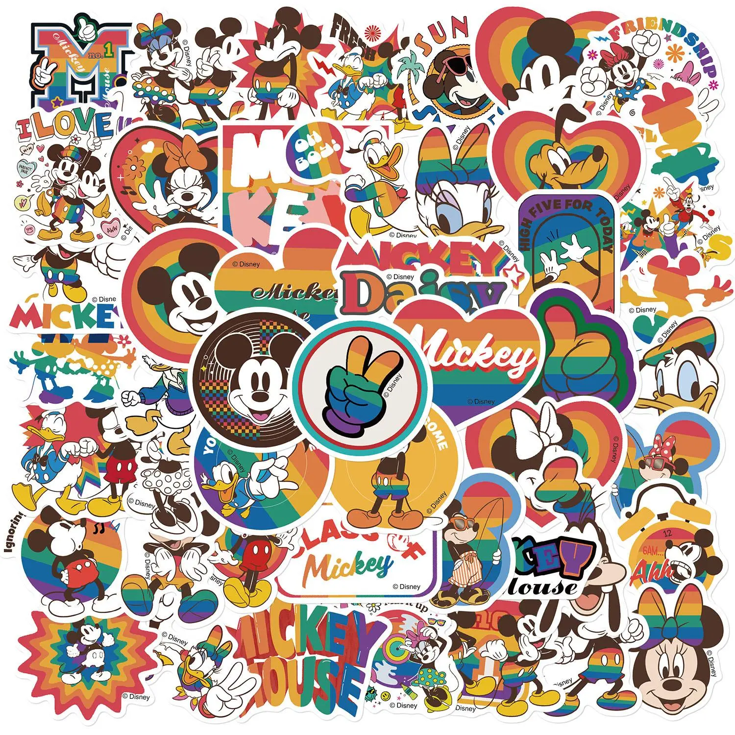 50pcs Disney Rainbow Colored Mickey & Minnie Cartoon Graffiti Stickers DIY Decals for Laptops, Phone Cases, and Room Decor