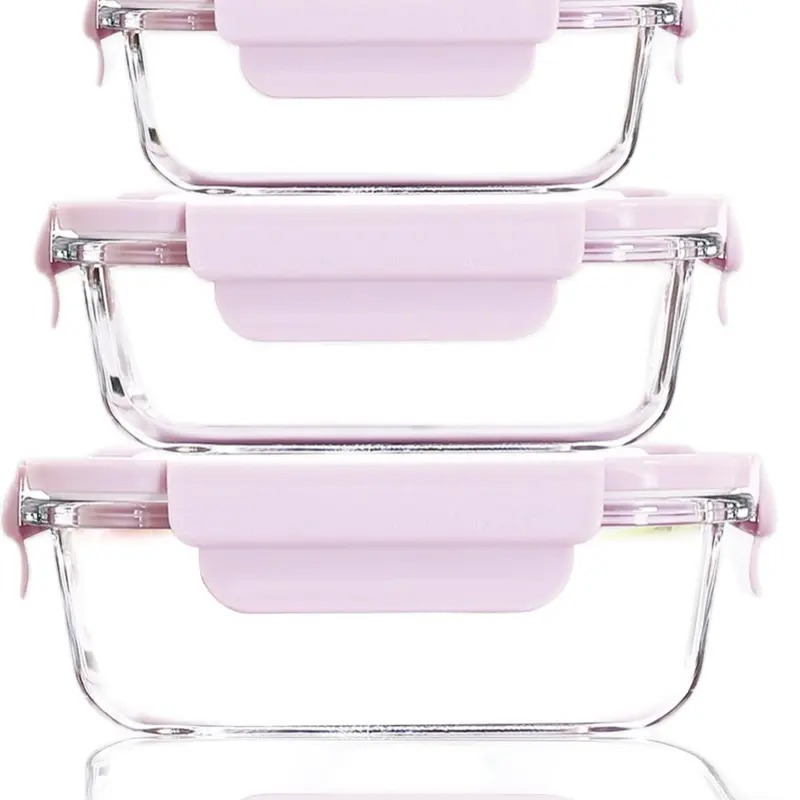 Aurixx Pink Glass Food Storage Containers with Airtight Vented Lids – 3 Piece Set – Leakproof, BPA free, Microwave, Dishwasher, Oven and Freezer Safe