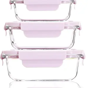Aurixx Pink Glass Food Storage Containers with Airtight Vented Lids – 3 Piece Set – Leakproof, BPA free, Microwave, Dishwasher, Oven and Freezer Safe