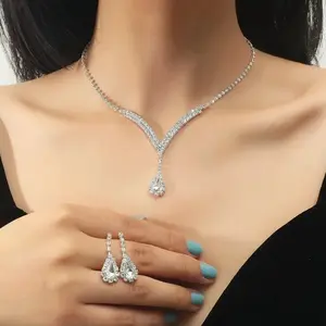 ELEGANT CLEAR RHINESTONE CRYSTAL NECKLACE EARRINGS SET BRIDAL, SILVER WHITE