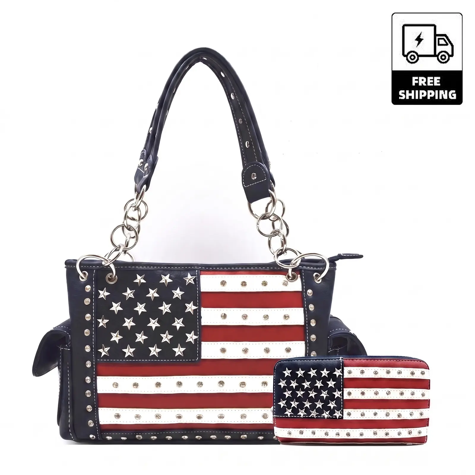 Women's American Flag 2-Piece Handbag & Wallet Set - Red White Blue Star-Studded Shoulder Bag with Casual Chain Strap, Everyday Purse (Available Separately)