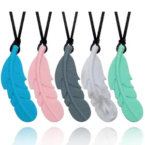 FN5 Sensory Chew Necklace for Kids and Adults, Boys and Girls, 5 Pack Silicone Feather Chewy Necklaces for Autism, ADHD, Chewing, Oral Motor Chewable Pendant for Mild Chewers