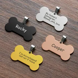 Bone-shaped pet tags, personalized with pictures, text, and made of stainless steel. Bone-shaped pet tags, personalized with pictures, text, and made of stainless steel.