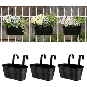Metal Railing Planters for Outdoor  - 3 count Balcony  Flower Pots with Detachable Hooks & Drain Holes, Windowsill Oval  Bucket Pots Fence Planters for Garden  Decor, Black