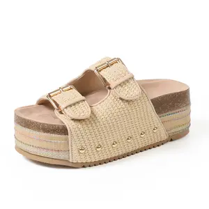 Comfortable Platform Slide Sandals for Women | Woven Straw Double Buckle Slippers | Chunky Summer Beach & Vacation Shoes